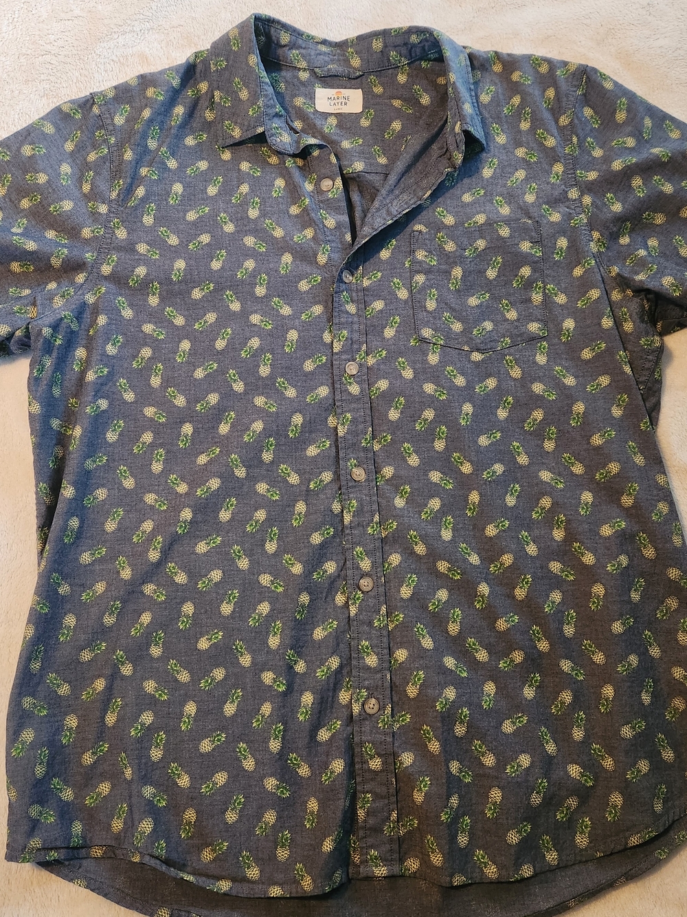 Marine Layer Pineapple Print Short-sleeve Chambray Button-up Shirt Size L